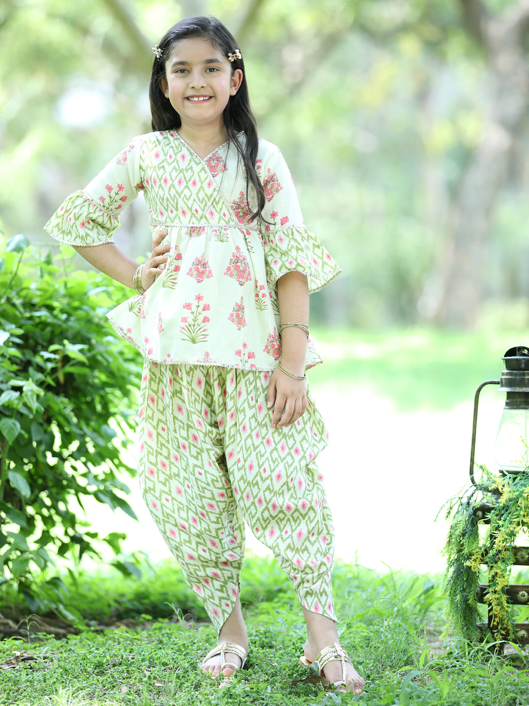 Cutiekins Ethnic Motif Printed Peplum Kurta & Dhoti Set-Light Green & Beige