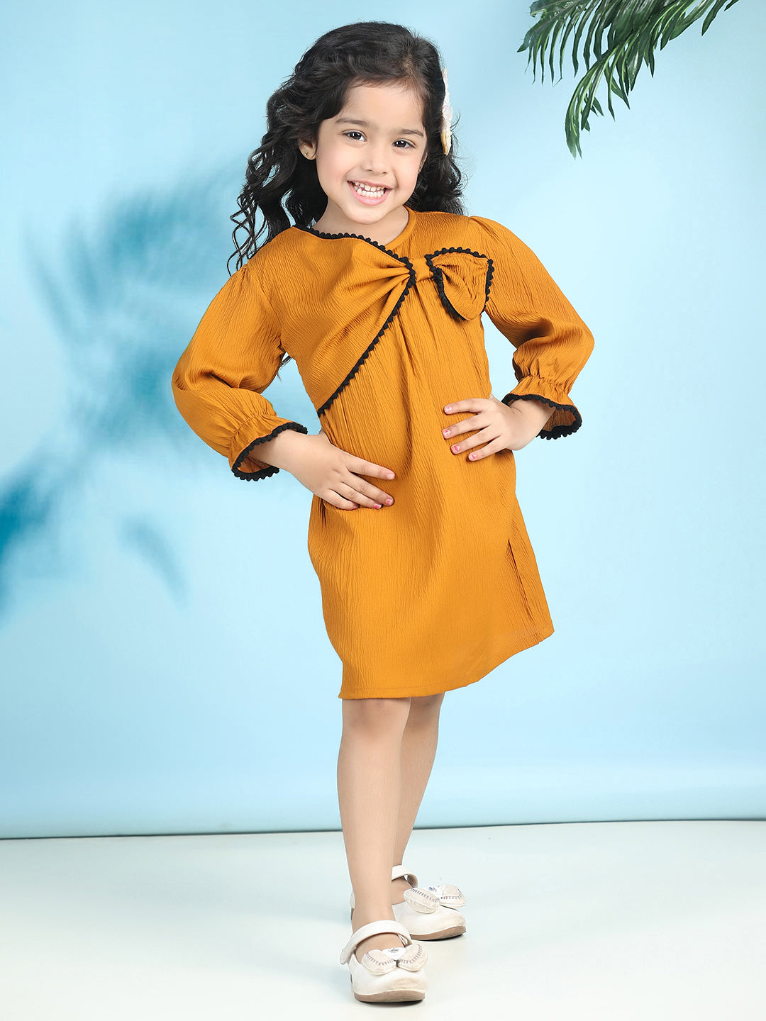 Cutiekins Girls Trendy & Stylish Solid Dress -Mustard & Off White