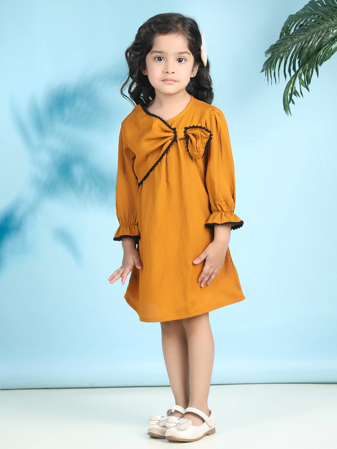 Cutiekins Girls Trendy & Stylish Solid Dress -Mustard & Off White