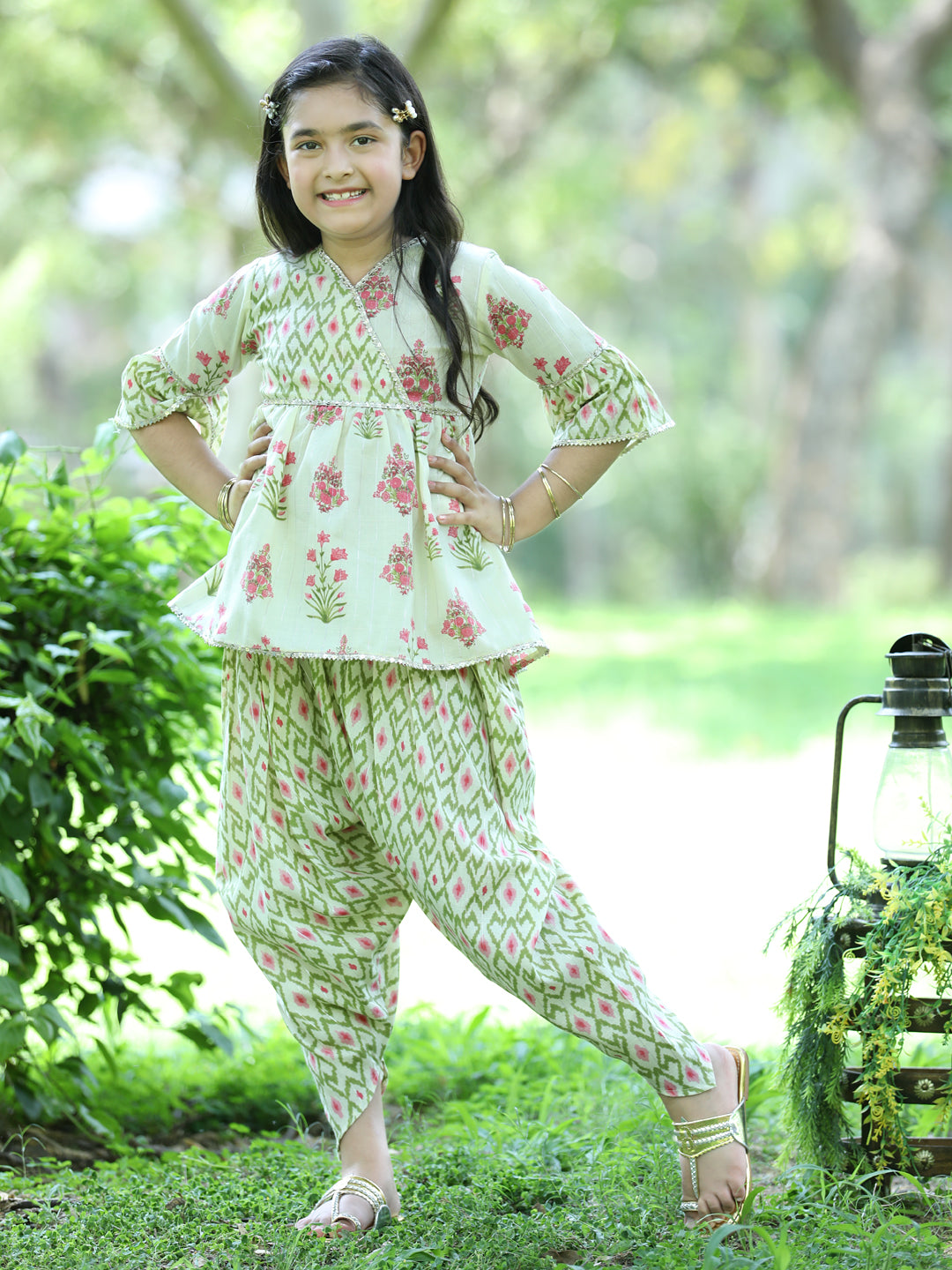 Cutiekins Ethnic Motif Printed Peplum Kurta & Dhoti Set-Light Green & Beige