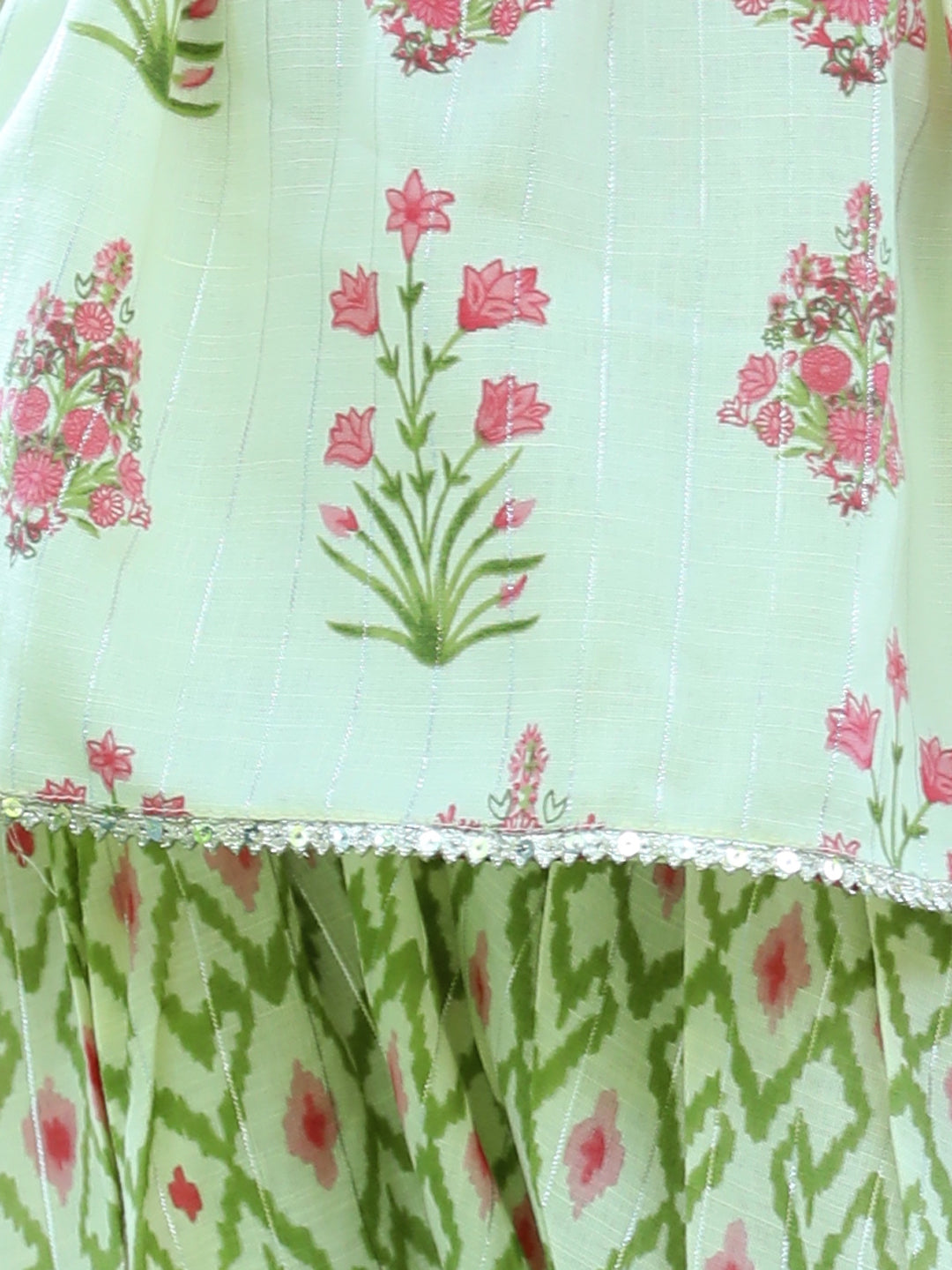 Cutiekins Ethnic Motif Printed Peplum Kurta & Dhoti Set-Light Green & Beige