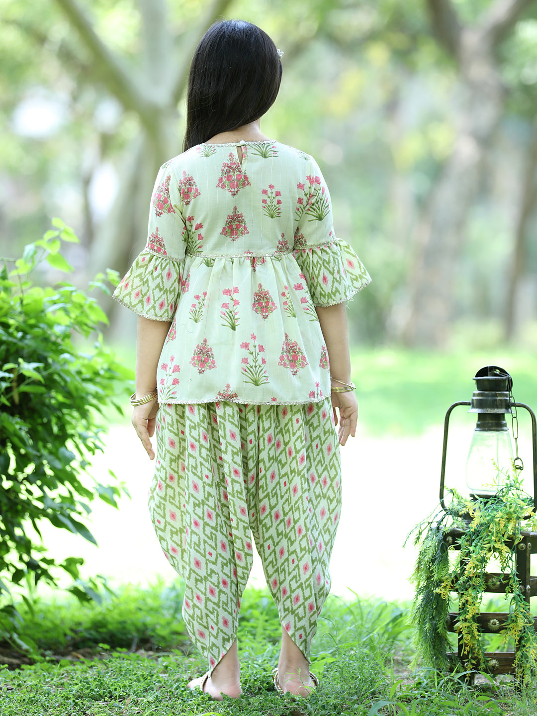 Cutiekins Ethnic Motif Printed Peplum Kurta & Dhoti Set-Light Green & Beige