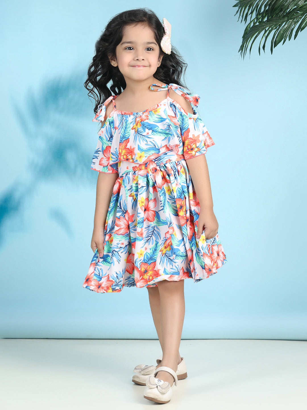 Cutiekins Girls Trendy & Stylish Floral Printed Dress -Off White & Blue