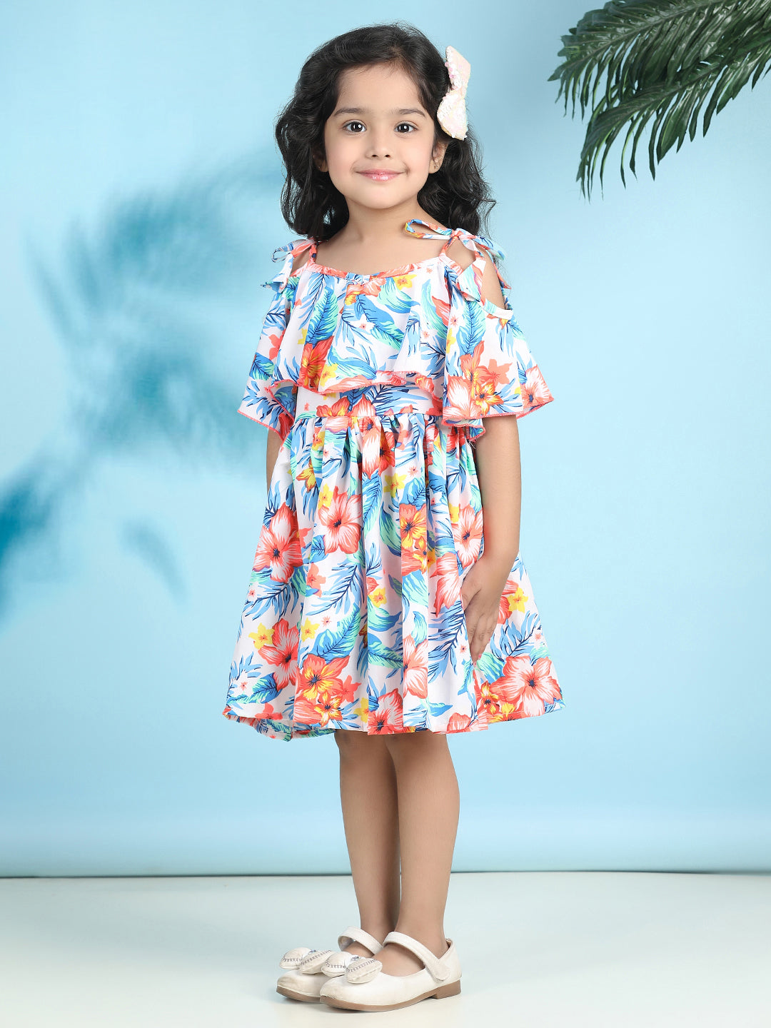 Cutiekins Girls Trendy & Stylish Floral Printed Dress -Off White & Blue
