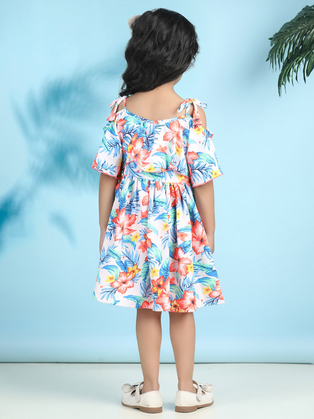 Cutiekins Girls Trendy & Stylish Floral Printed Dress -Off White & Blue