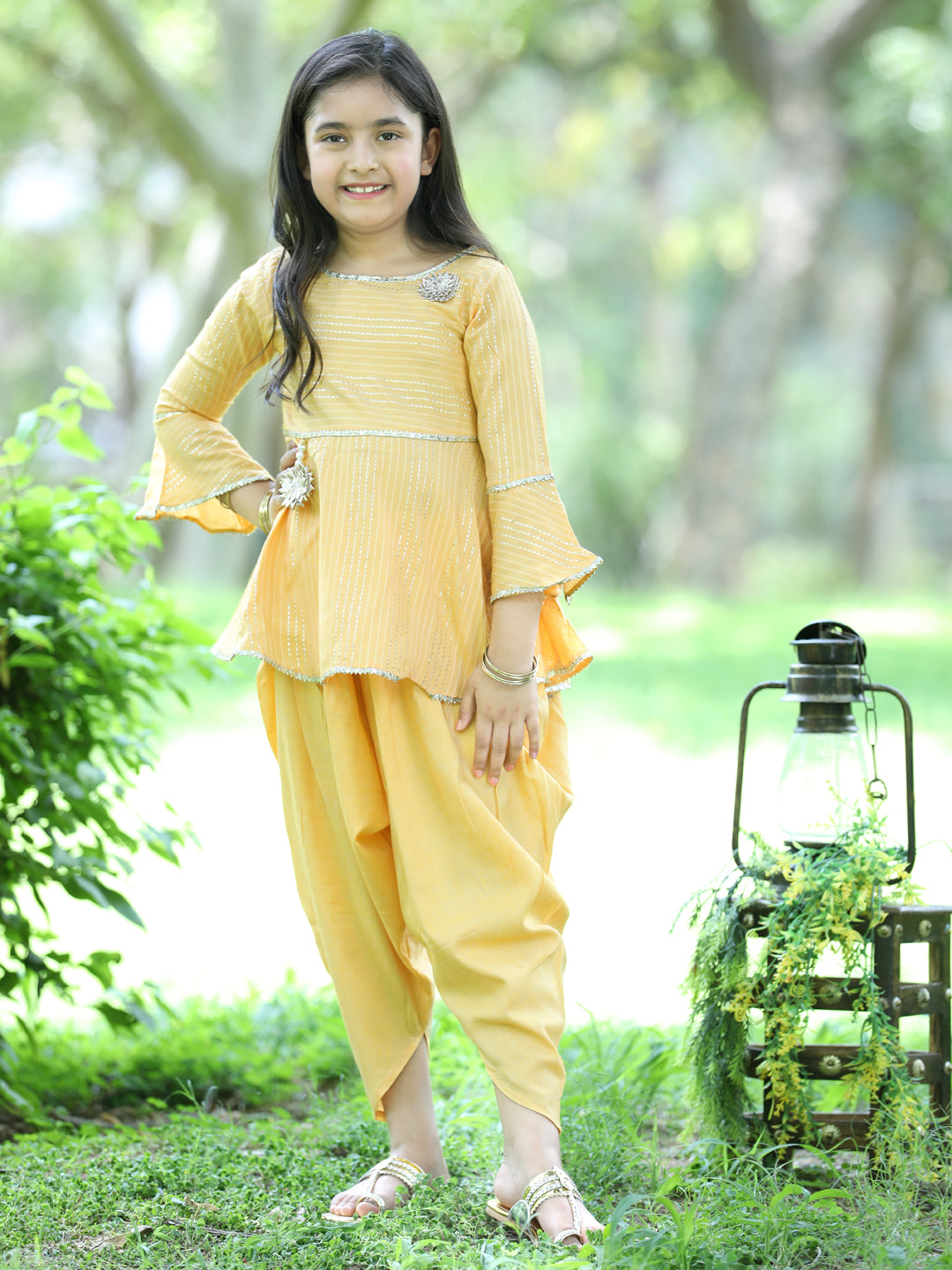 Cutiekins Ethnic Motif Printed Peplum Kurta & Dhoti Set-Mustard & Gold