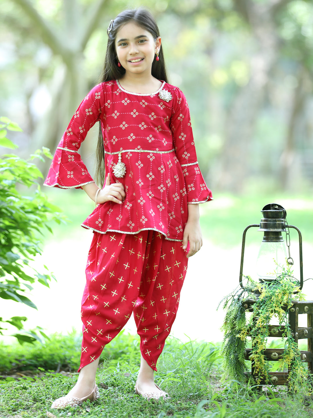 Cutiekins Ethnic Motif Printed Peplum Kurta & Dhoti Set-Red & Gold
