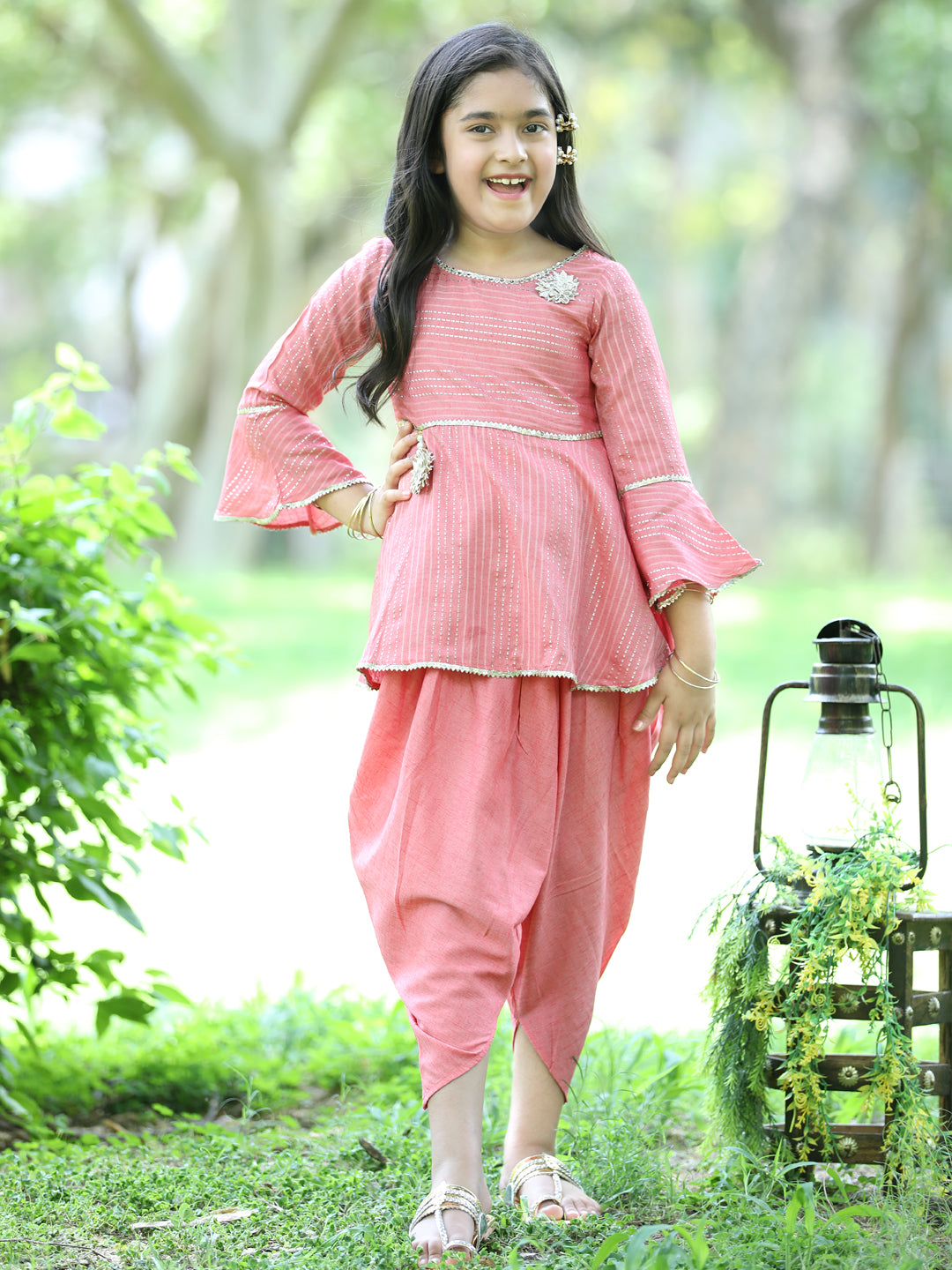 Cutiekins Ethnic Motif Printed Peplum Kurta & Dhoti Set-Peach & Gold