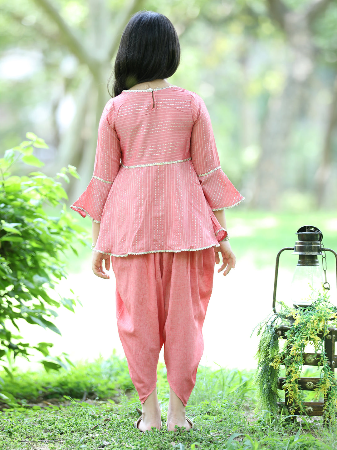 Cutiekins Ethnic Motif Printed Peplum Kurta & Dhoti Set-Peach & Gold