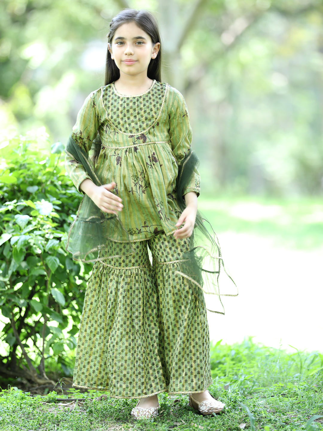 Cutiekins Ethnic Motif Printed Kurta ,Sharara and Dupatta Set-Dark Green & Gold