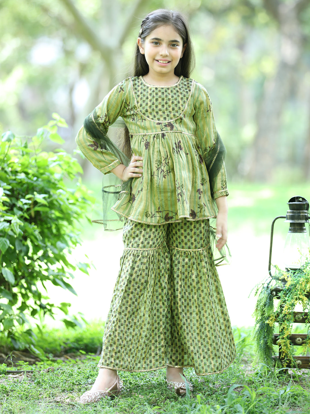 Cutiekins Ethnic Motif Printed Kurta ,Sharara and Dupatta Set-Dark Green & Gold