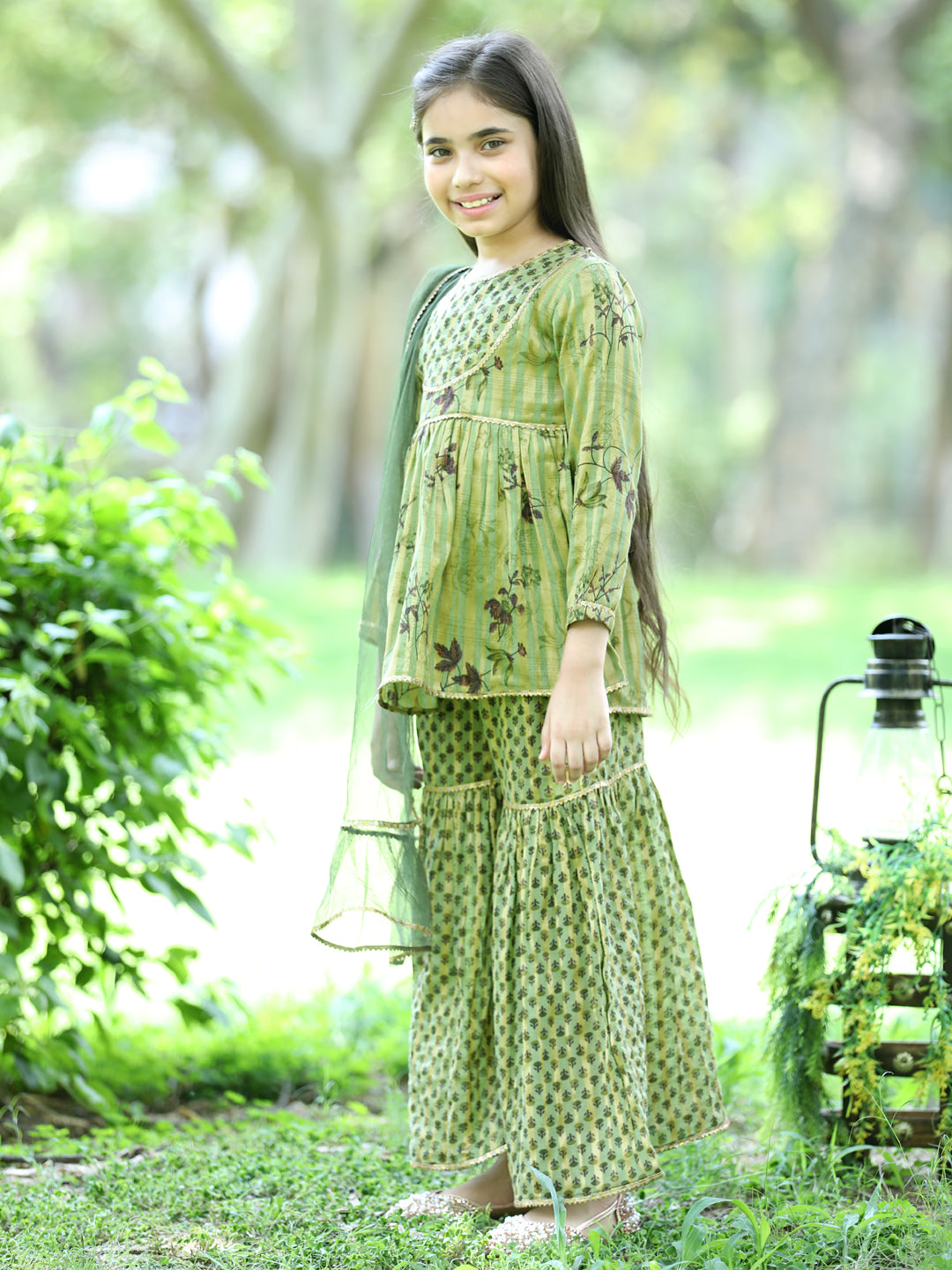 Cutiekins Ethnic Motif Printed Kurta ,Sharara and Dupatta Set-Dark Green & Gold