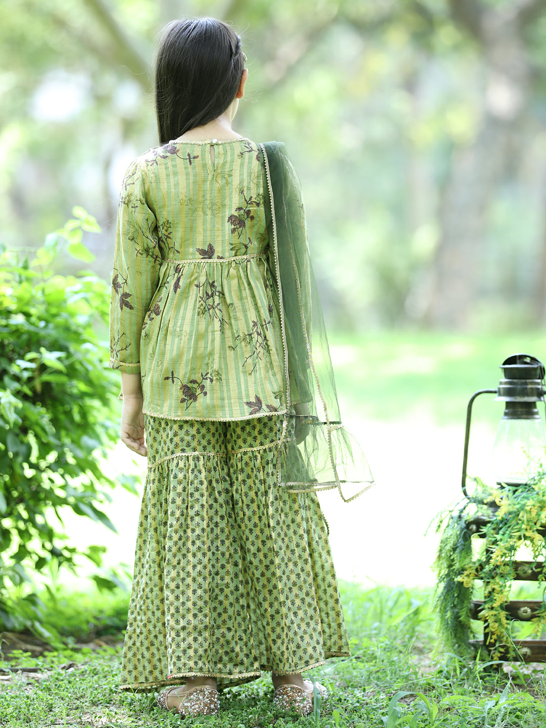 Cutiekins Ethnic Motif Printed Kurta ,Sharara and Dupatta Set-Dark Green & Gold