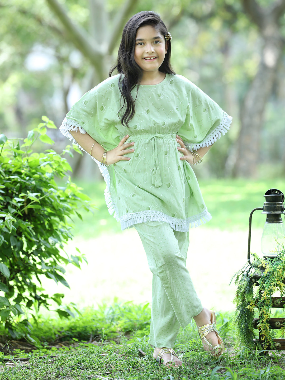 Cutiekins Floral Printed Kaftaan & Palazzo Set -Light Green & White