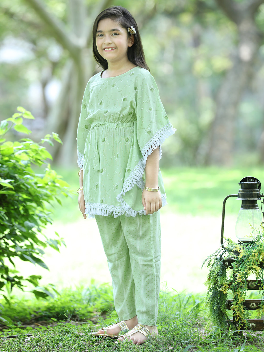 Cutiekins Floral Printed Kaftaan & Palazzo Set -Light Green & White