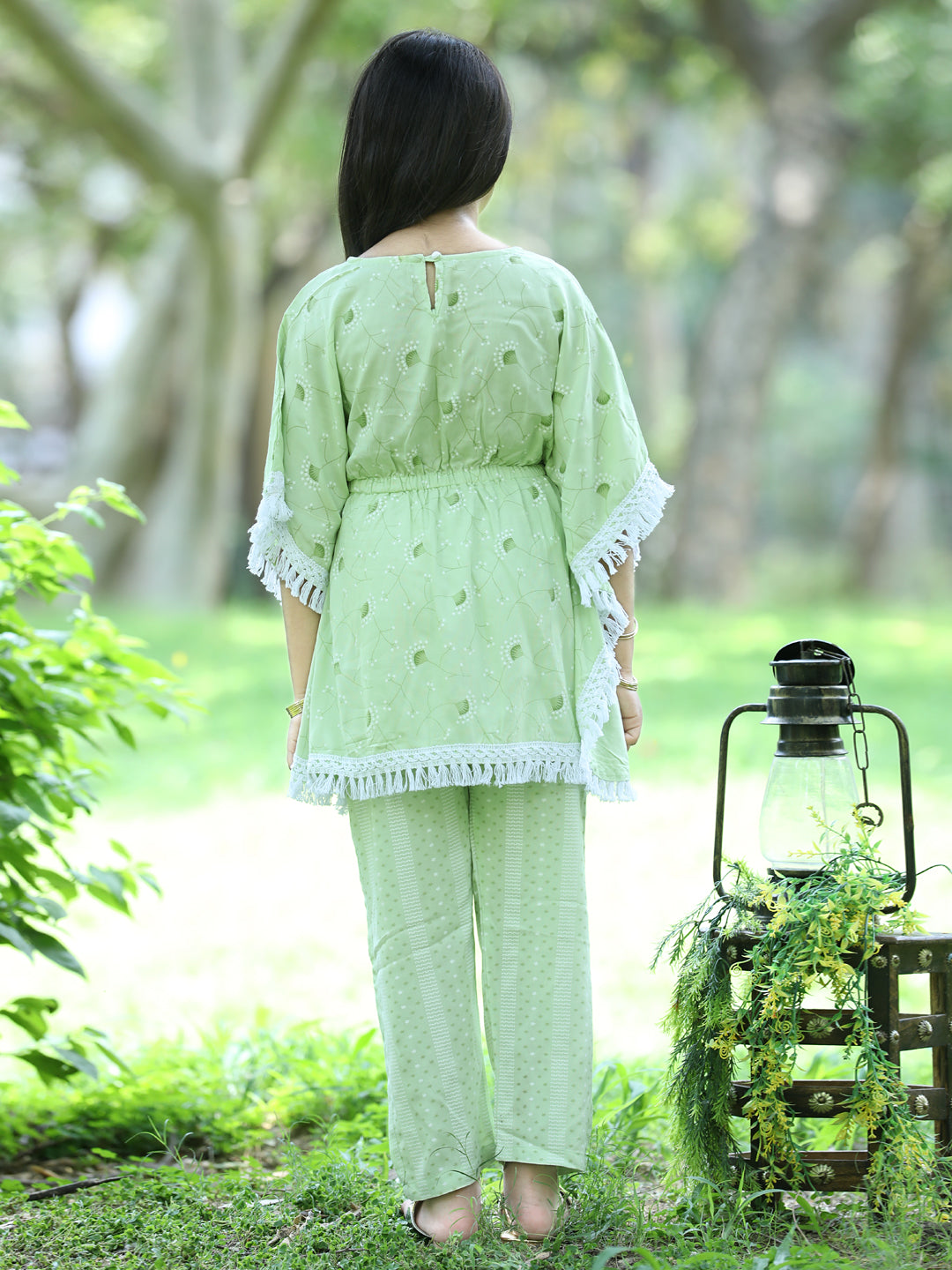 Cutiekins Floral Printed Kaftaan & Palazzo Set -Light Green & White