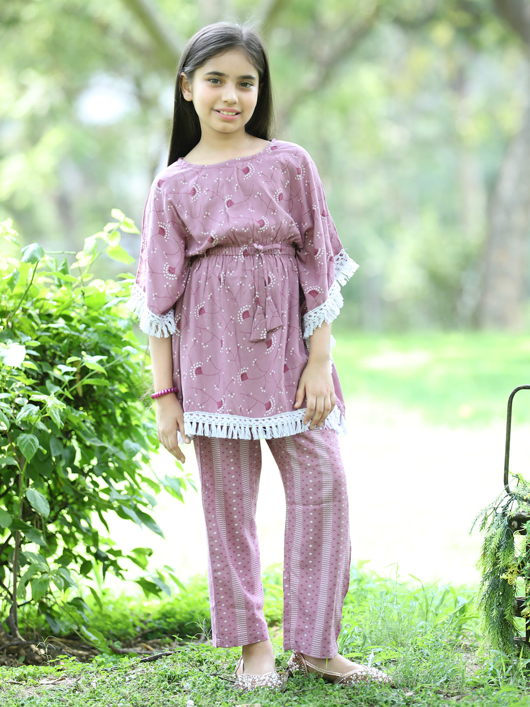 Cutiekins Floral Printed Kaftaan & Palazzo Set -Purple & White