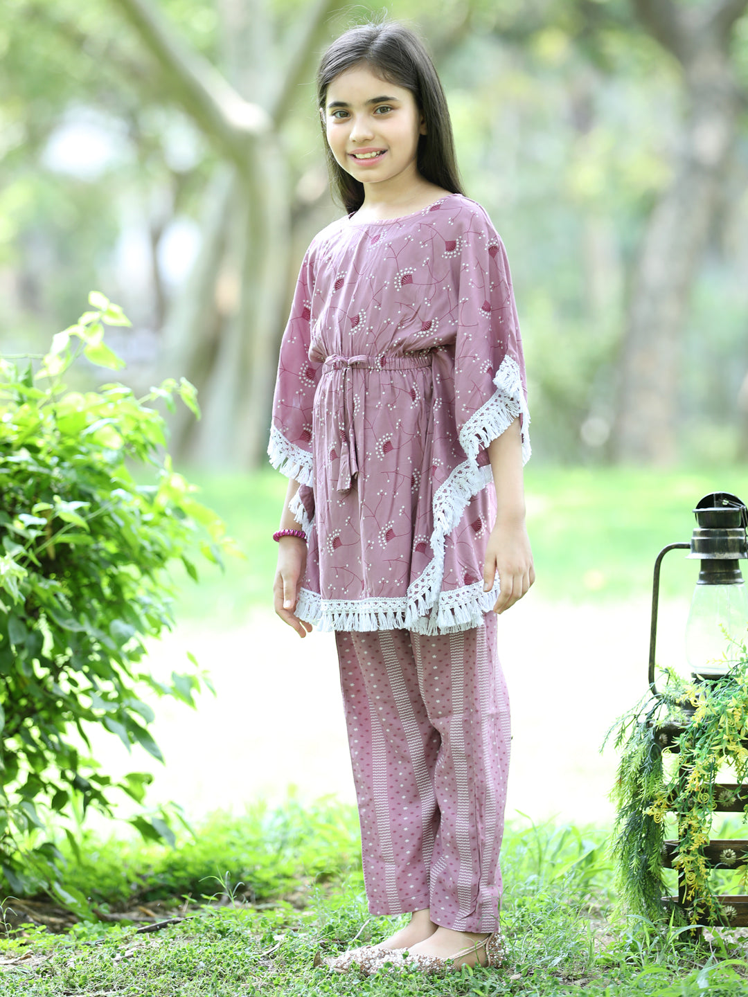 Cutiekins Floral Printed Kaftaan & Palazzo Set -Purple & White