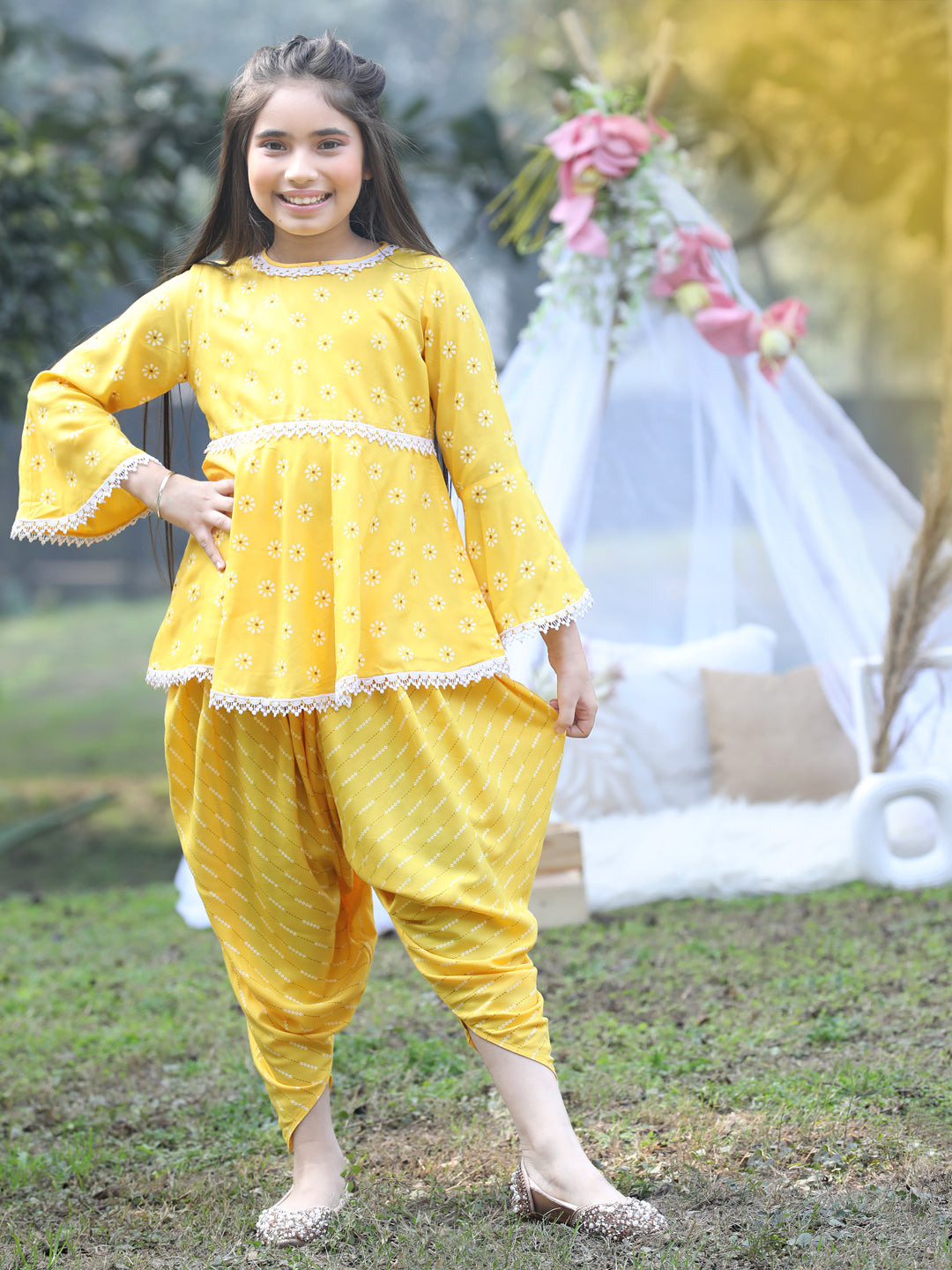 Cutiekins Round Neck Printed Rayon Kurta & Dhoti Set -Yellow & White