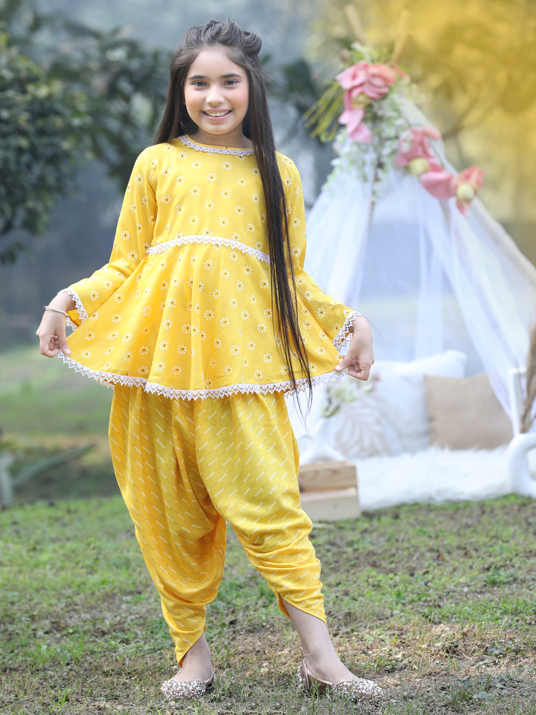 Cutiekins Round Neck Printed Rayon Kurta & Dhoti Set -Yellow & White