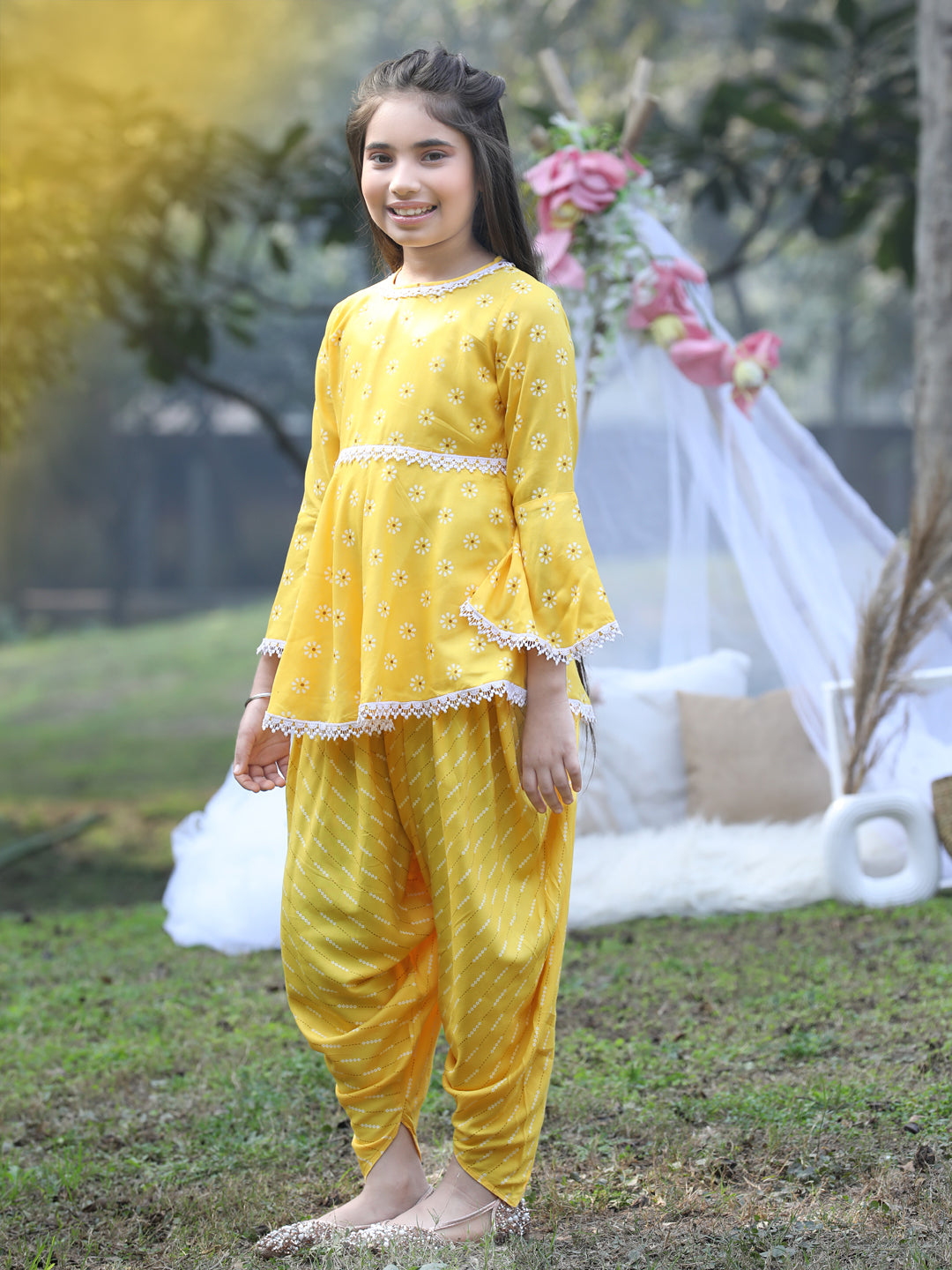 Cutiekins Round Neck Printed Rayon Kurta & Dhoti Set -Yellow & White