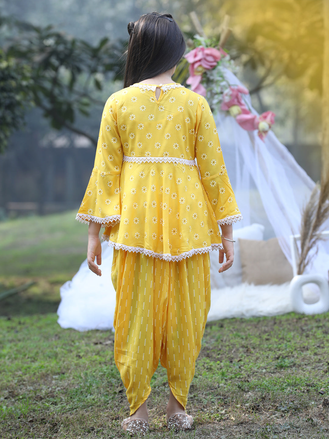 Cutiekins Round Neck Printed Rayon Kurta & Dhoti Set -Yellow & White