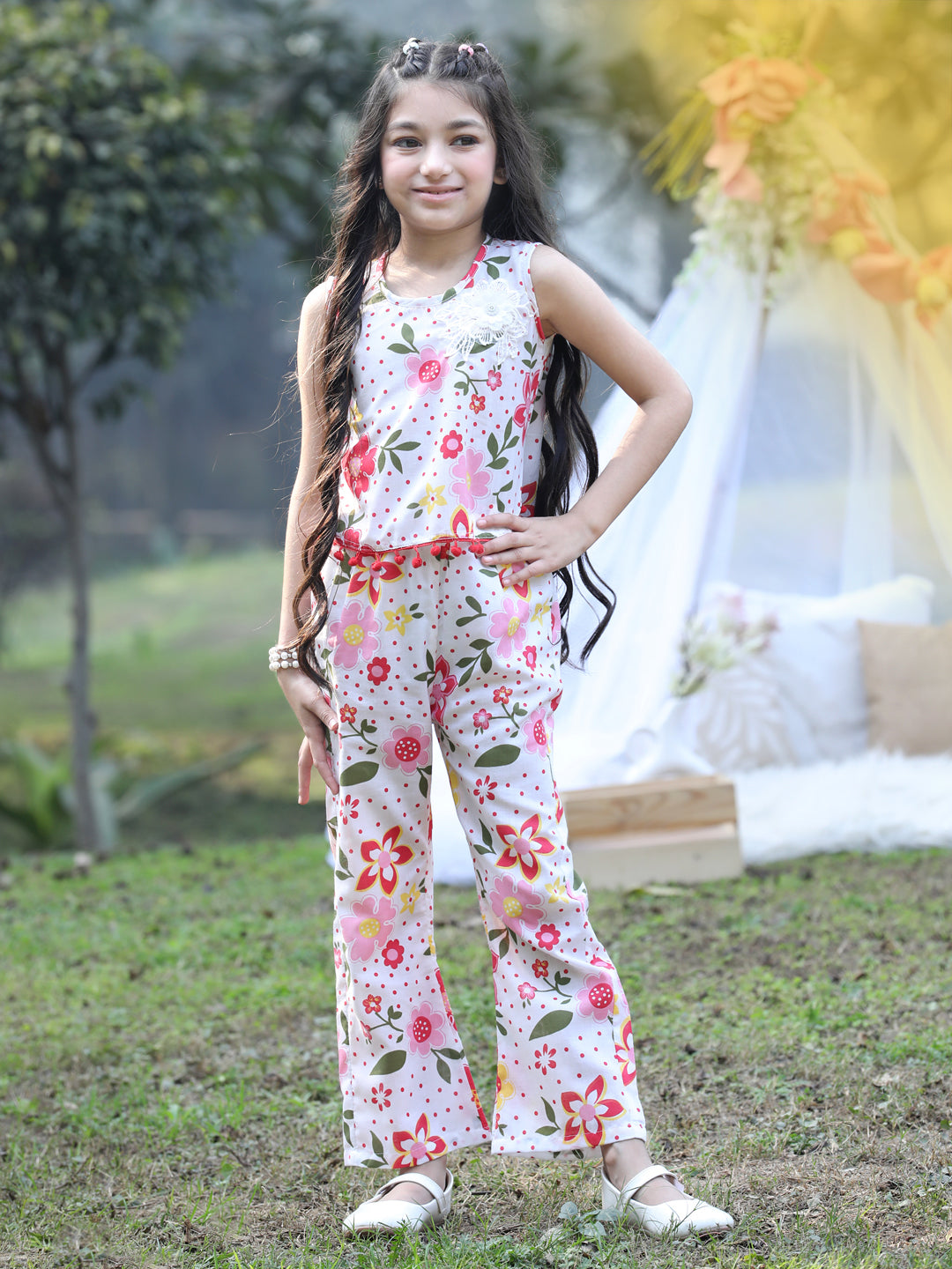 Cutiekins Round Neck Printed Crop Top & Trousers Set -White & Pink