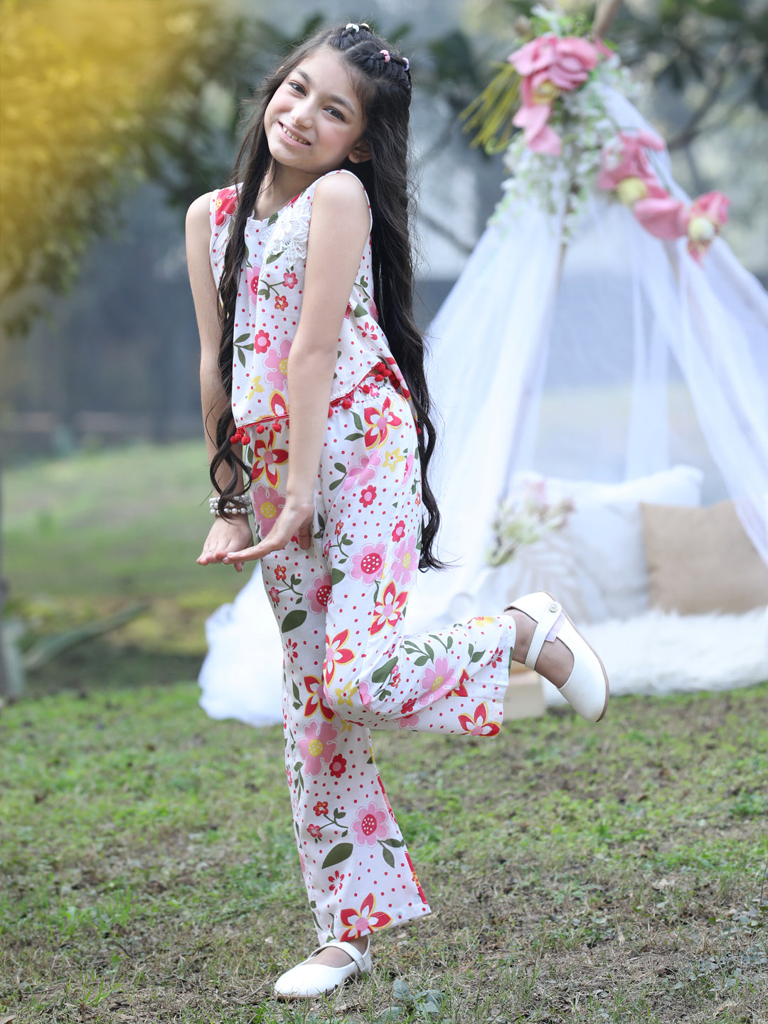 Cutiekins Round Neck Printed Crop Top & Trousers Set -White & Pink