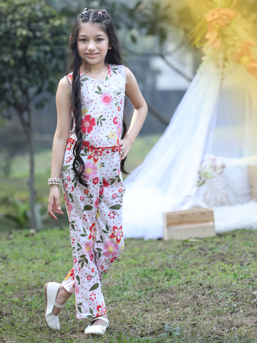 Cutiekins Round Neck Printed Crop Top & Trousers Set -White & Pink