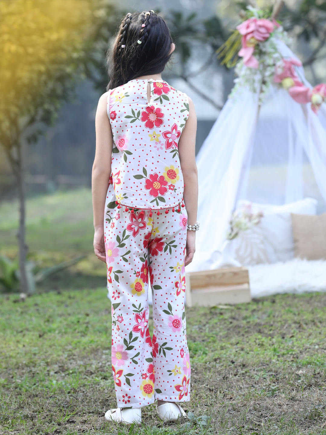 Cutiekins Round Neck Printed Crop Top & Trousers Set -White & Pink