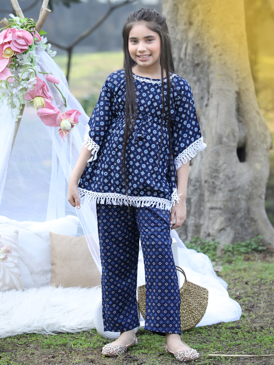 Cutiekins Round Neck Printed Rayon Kurta & Palazzo Set -Neavy Blue & White