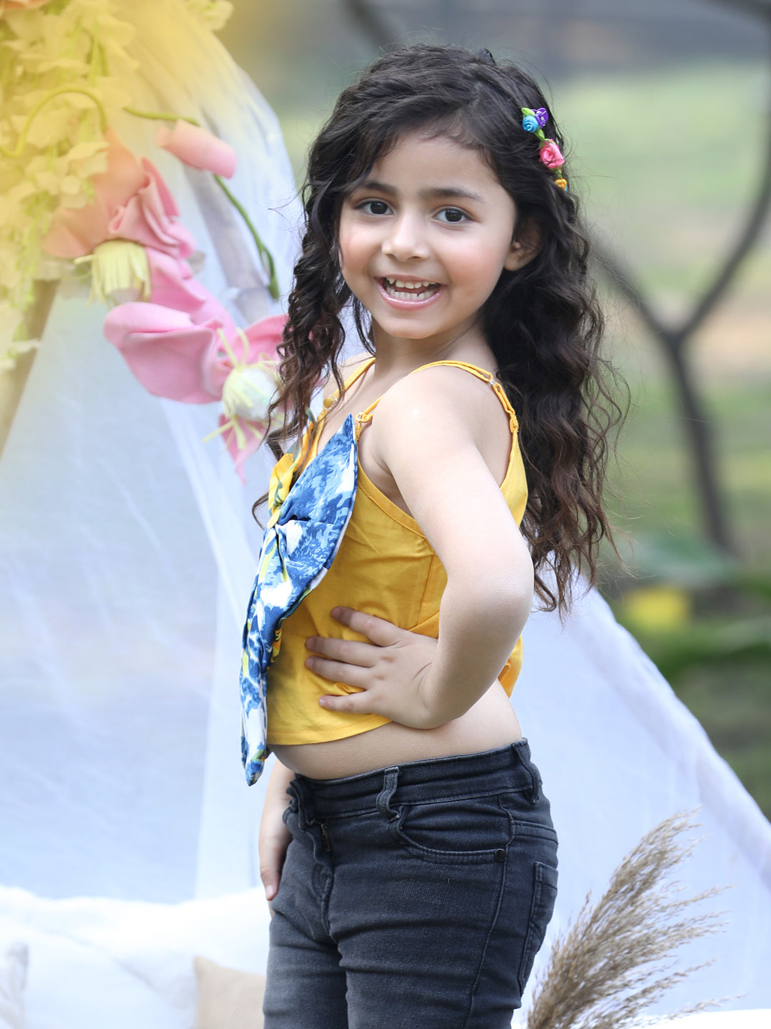 Cutiekins Shoulder Straps Solid Crop Top- Yellow & Blue