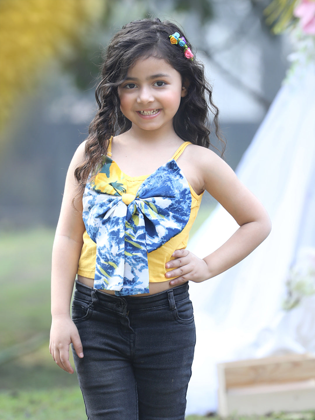 Cutiekins Shoulder Straps Solid Crop Top- Yellow & Blue