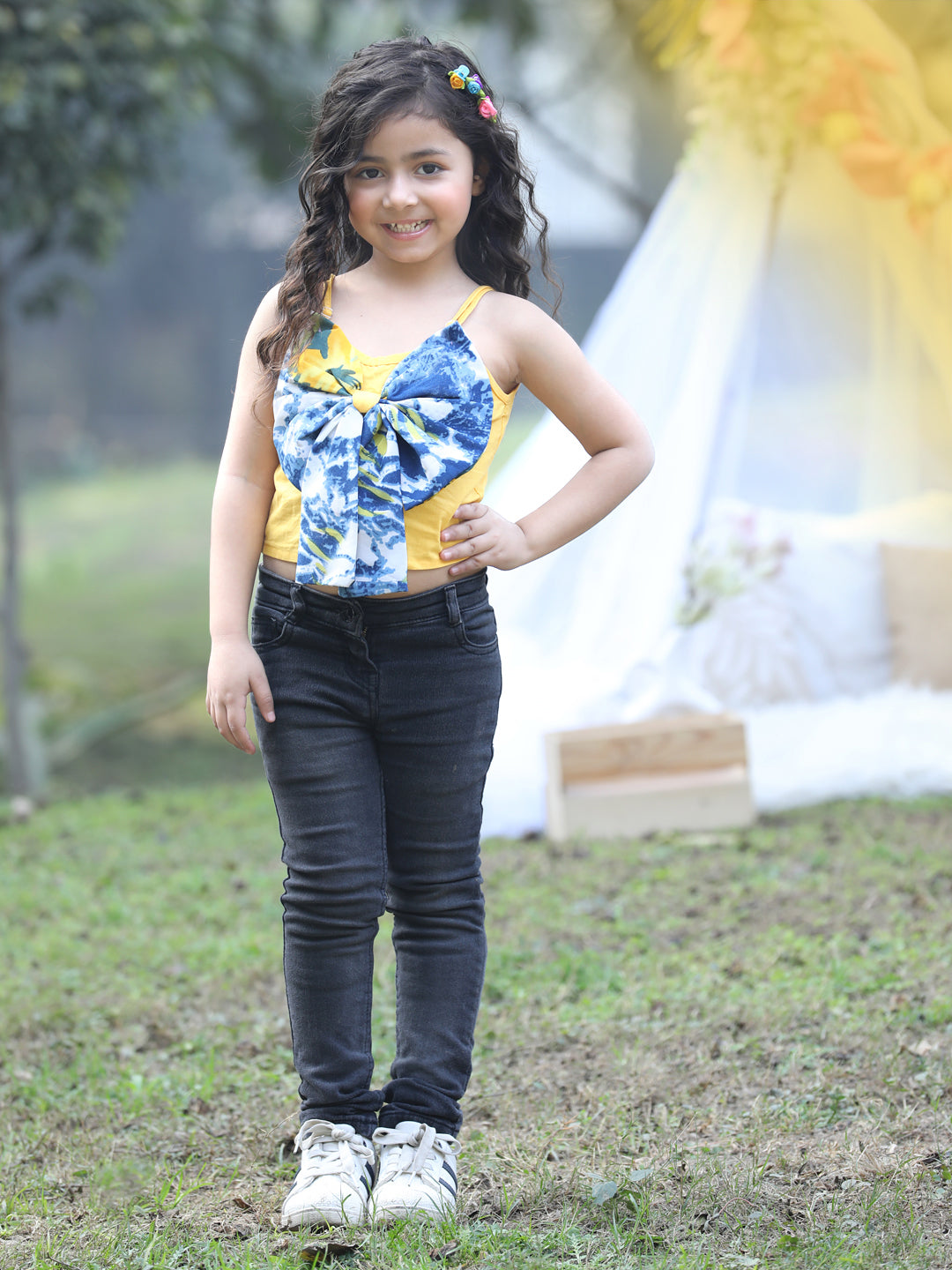 Cutiekins Shoulder Straps Solid Crop Top- Yellow & Blue