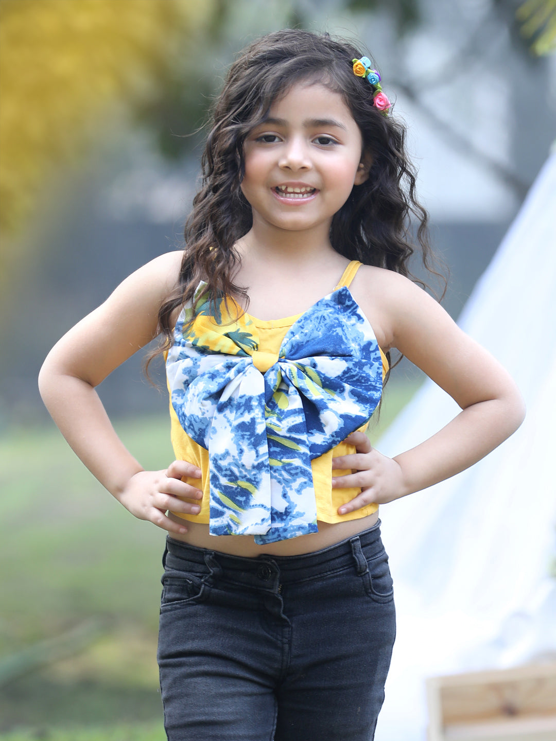 Cutiekins Shoulder Straps Solid Crop Top- Yellow & Blue