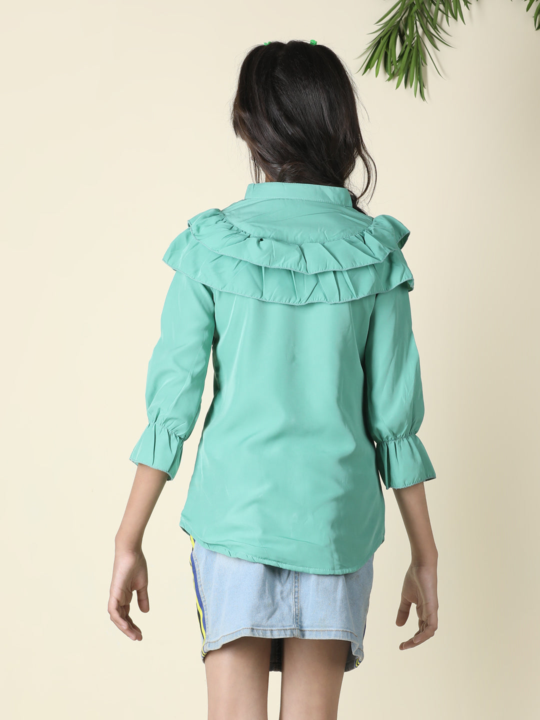 Cutiekins Girls Shirt Style Solid Embellished Top -Sea Green