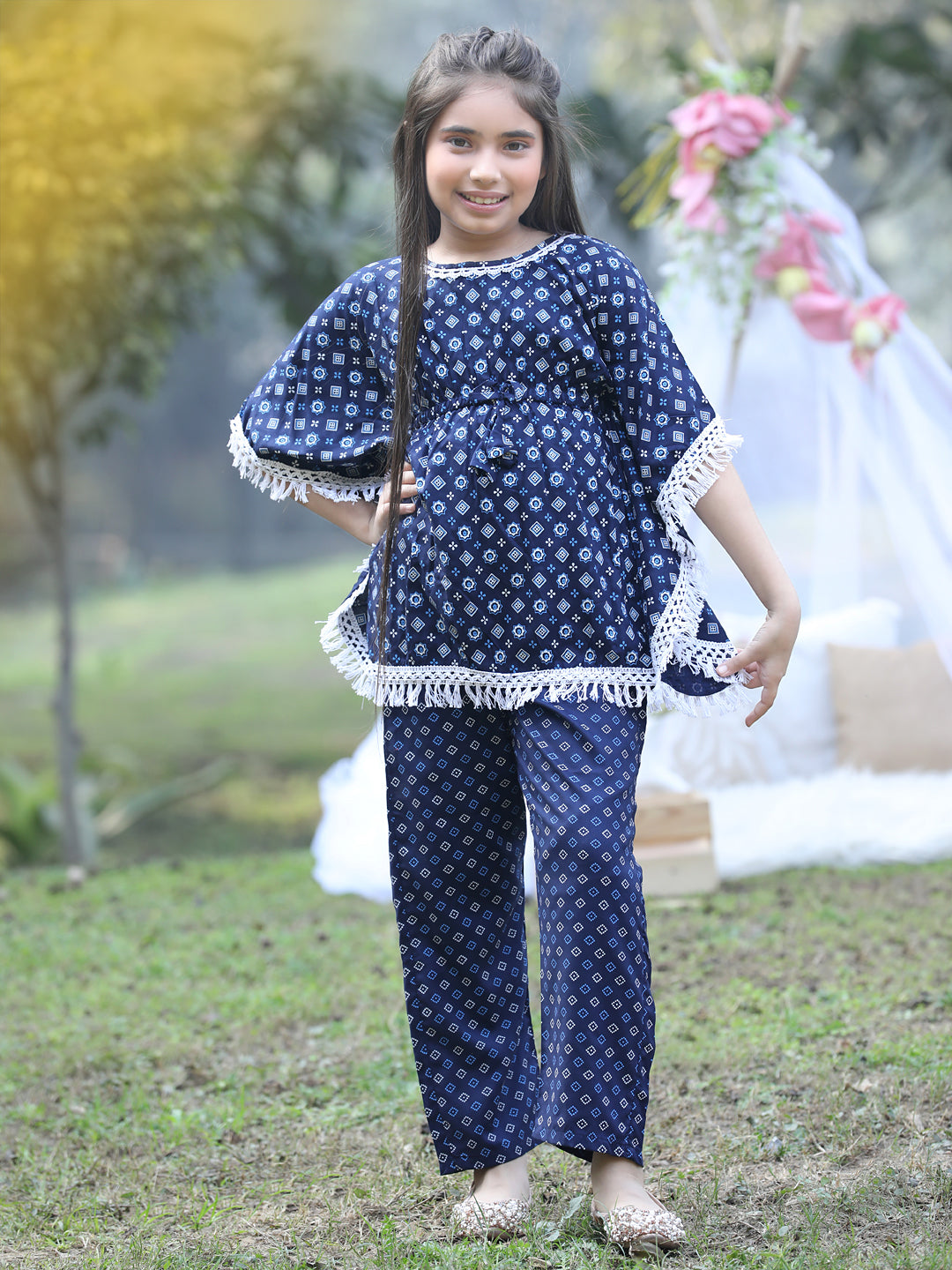 Cutiekins Round Neck Printed Rayon Kurta & Palazzo Set -Neavy Blue & White