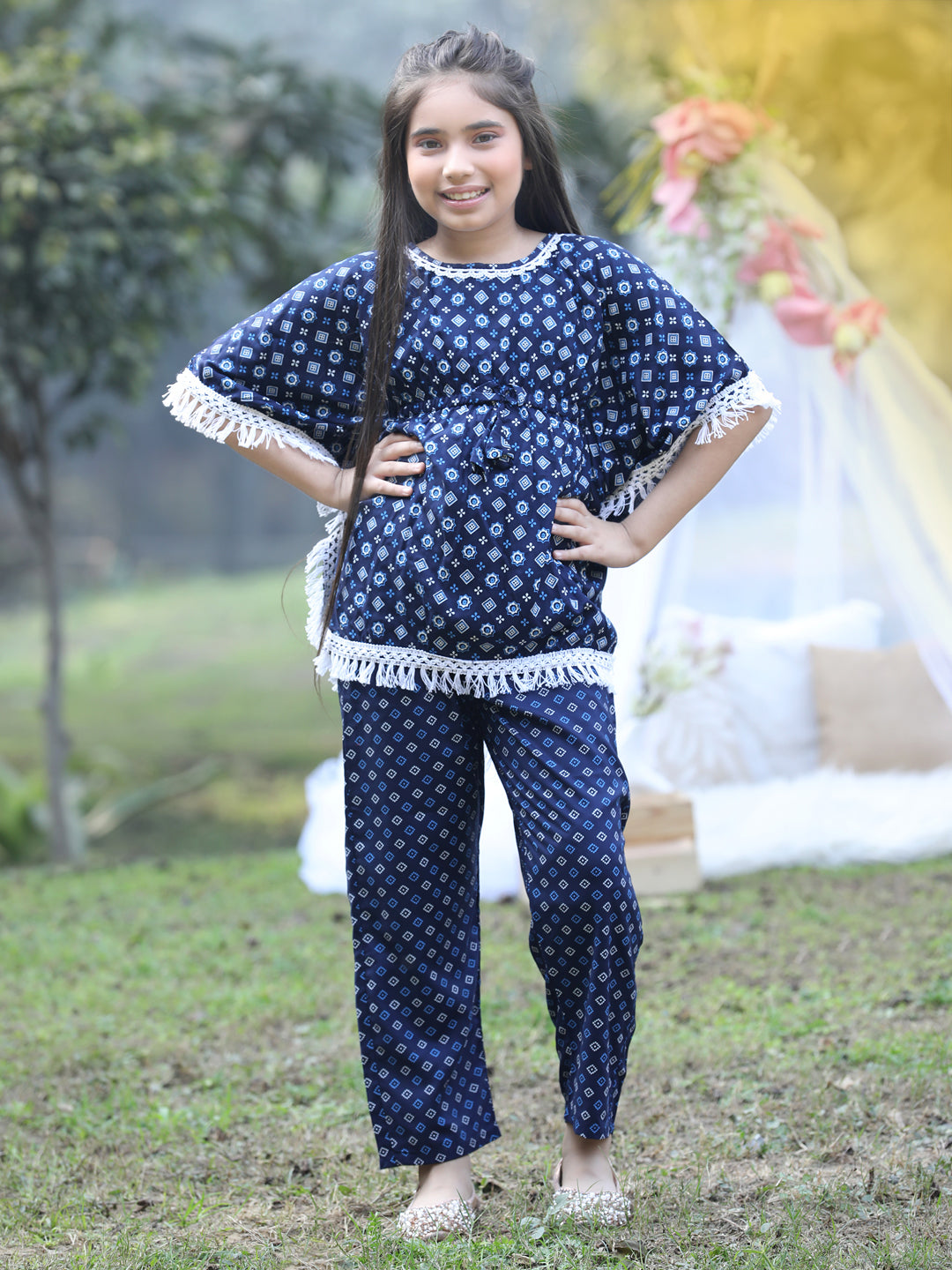 Cutiekins Round Neck Printed Rayon Kurta & Palazzo Set -Neavy Blue & White