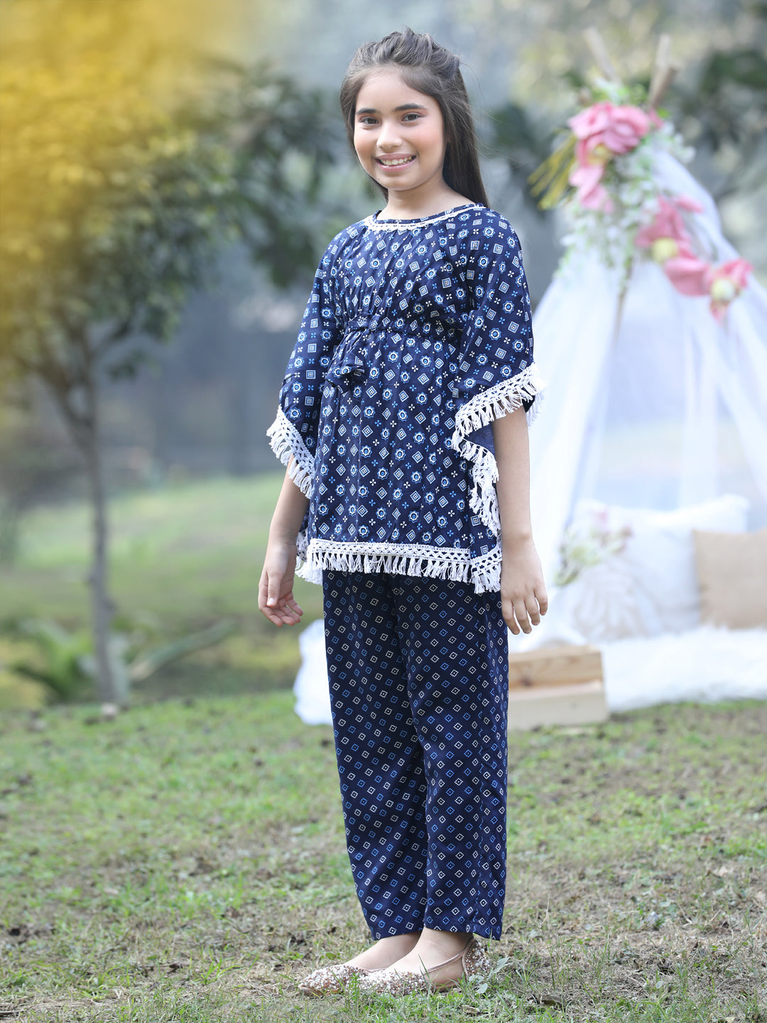 Cutiekins Round Neck Printed Rayon Kurta & Palazzo Set -Neavy Blue & White