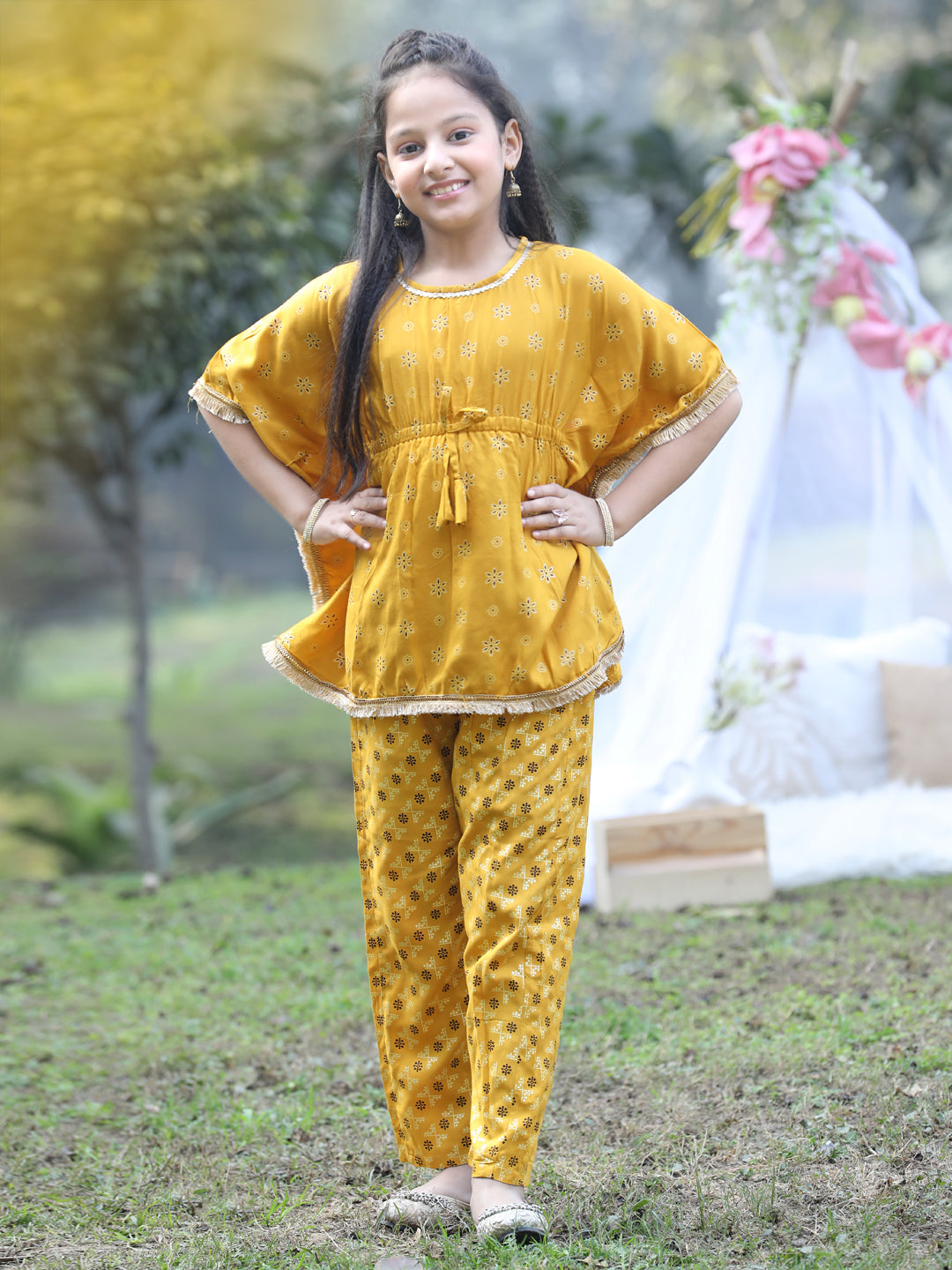 Cutiekins Round Neck Printed Rayon Kurta & Palazzo Set -Mustard & Brown