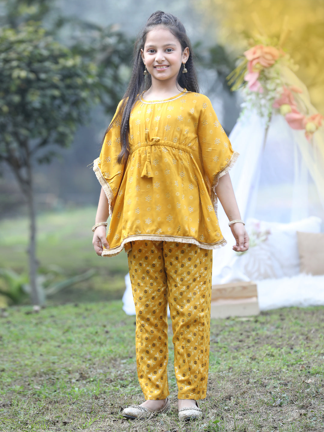Cutiekins Round Neck Printed Rayon Kurta & Palazzo Set -Mustard & Brown