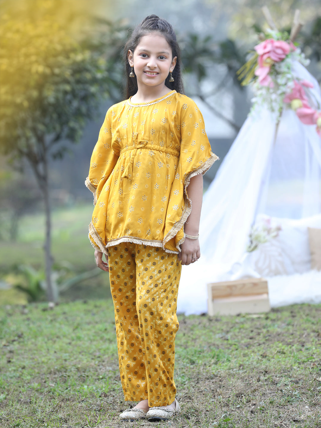 Cutiekins Round Neck Printed Rayon Kurta & Palazzo Set -Mustard & Brown