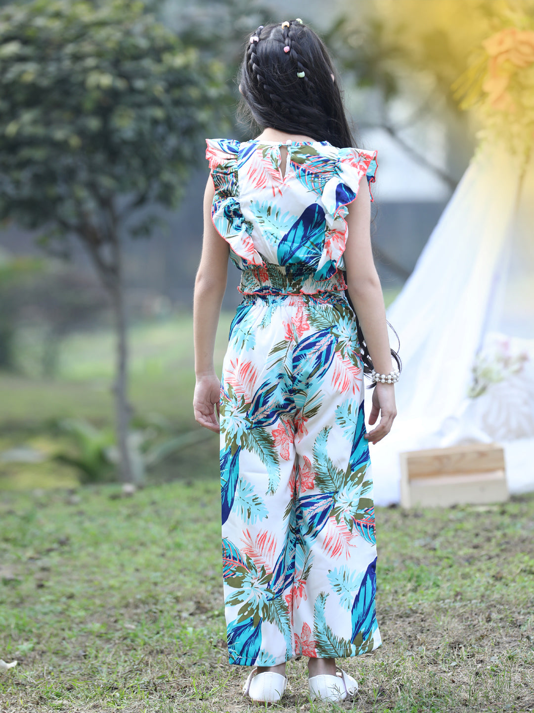 Cutiekins V-Neck Printed Crop Top & Trousers Set -White & Blue