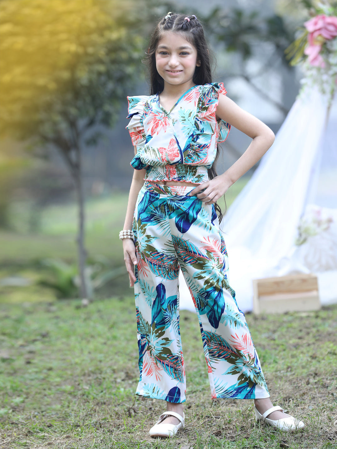 Cutiekins V-Neck Printed Crop Top & Trousers Set -White & Blue