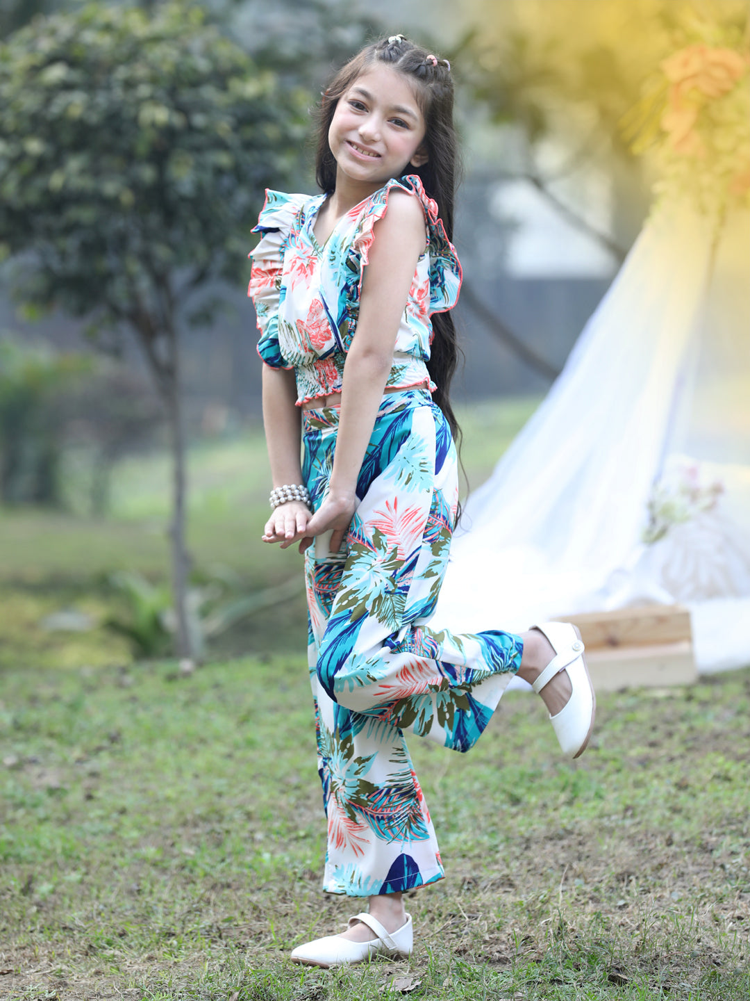 Cutiekins V-Neck Printed Crop Top & Trousers Set -White & Blue