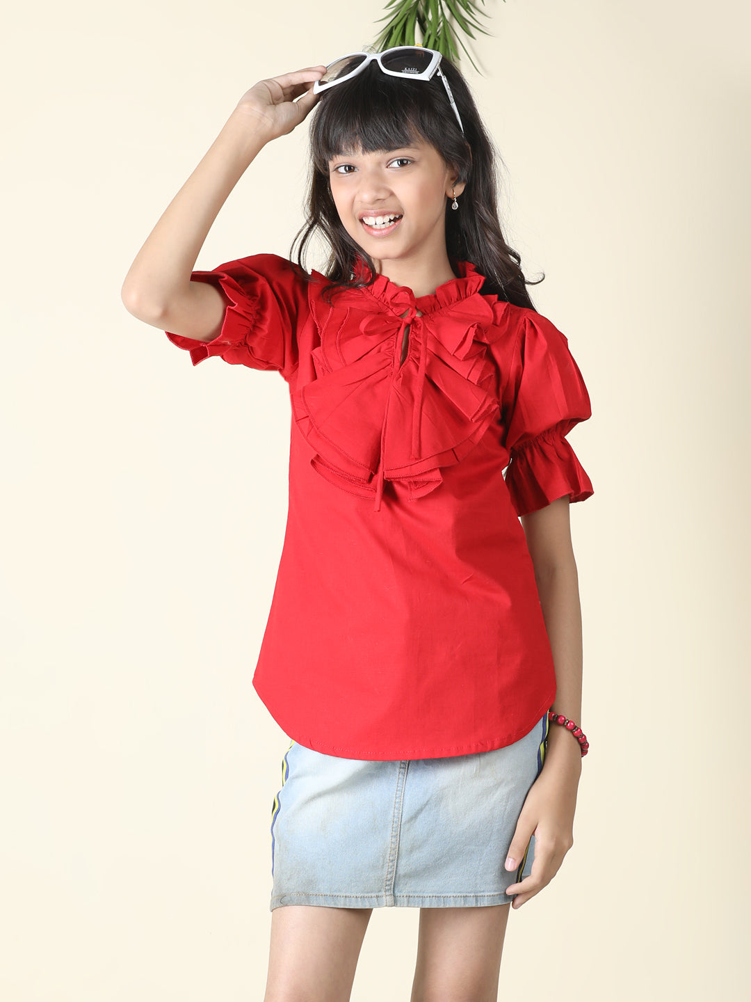 Cutiekins Girls Tie-Up Neck Solid Embellished Top -Red