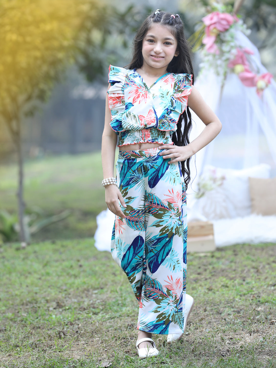 Cutiekins V-Neck Printed Crop Top & Trousers Set -White & Blue