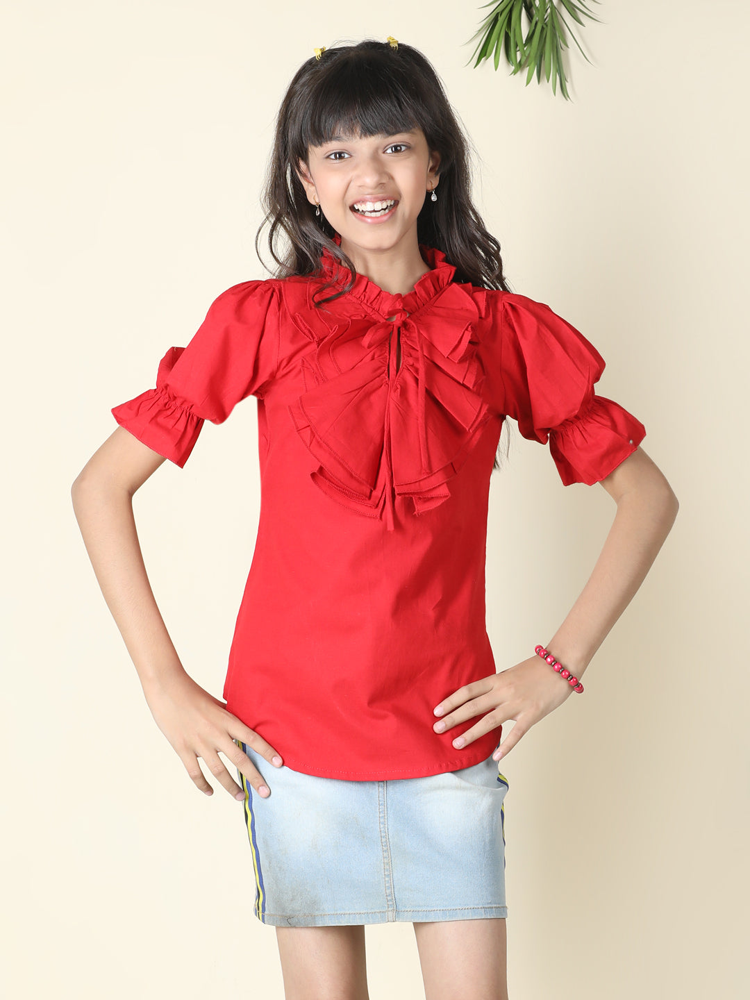 Cutiekins Girls Tie-Up Neck Solid Embellished Top -Red
