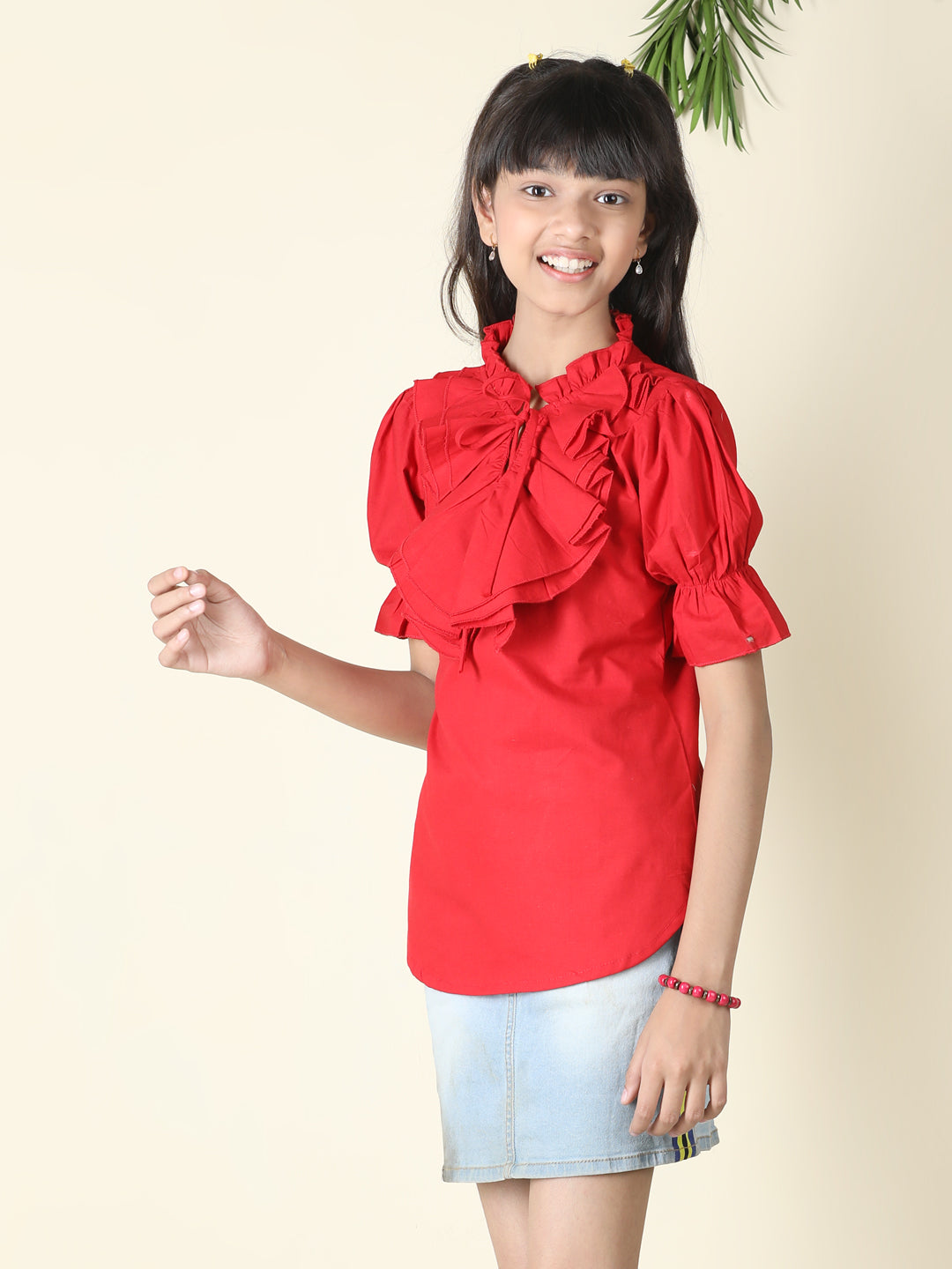 Cutiekins Girls Tie-Up Neck Solid Embellished Top -Red