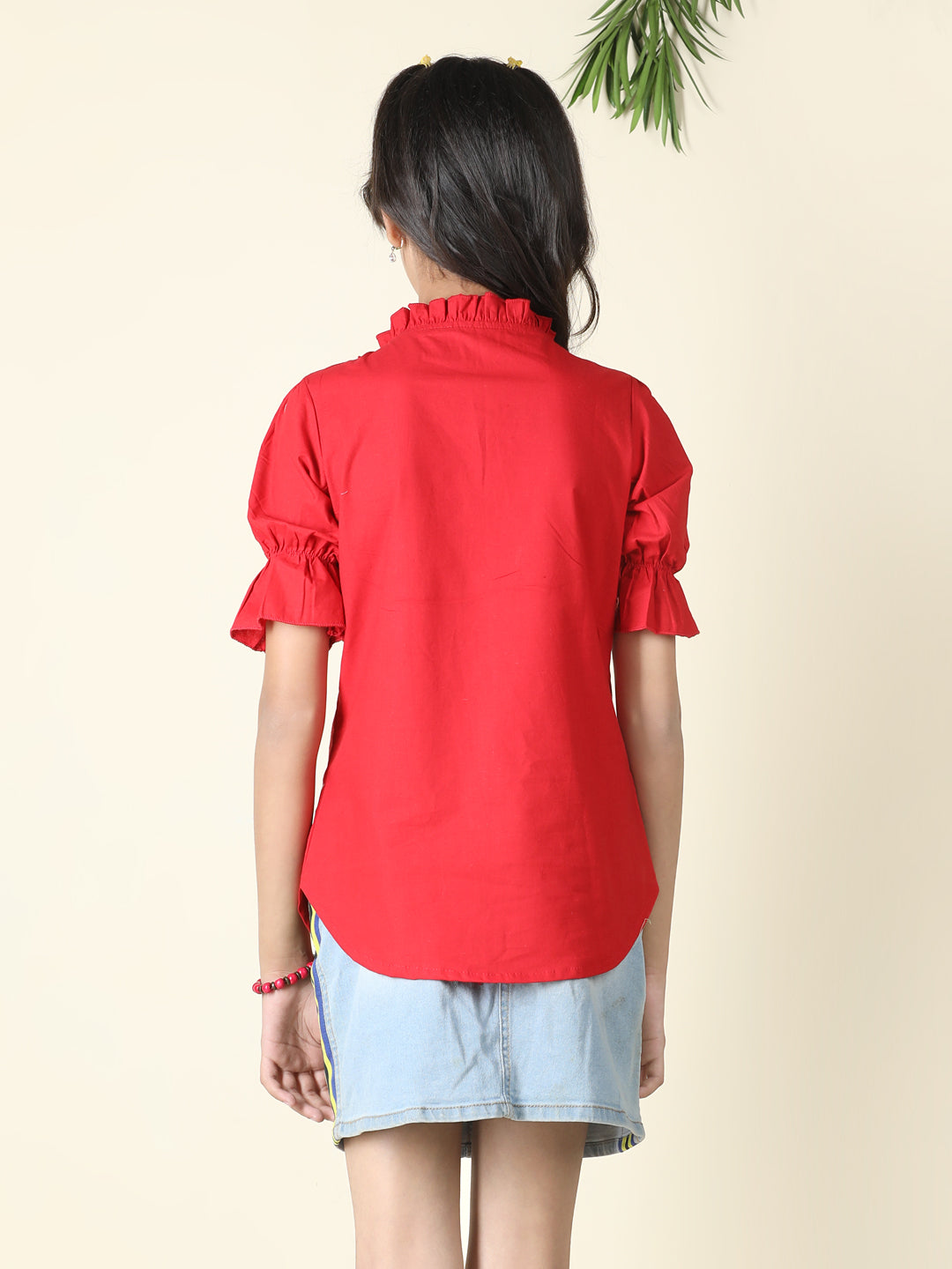 Cutiekins Girls Tie-Up Neck Solid Embellished Top -Red